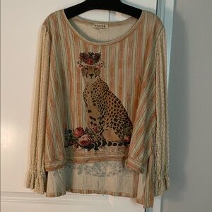 Green and peach&Ivory Multi-Stripe Floral Cheetah Long-Sleeve Top